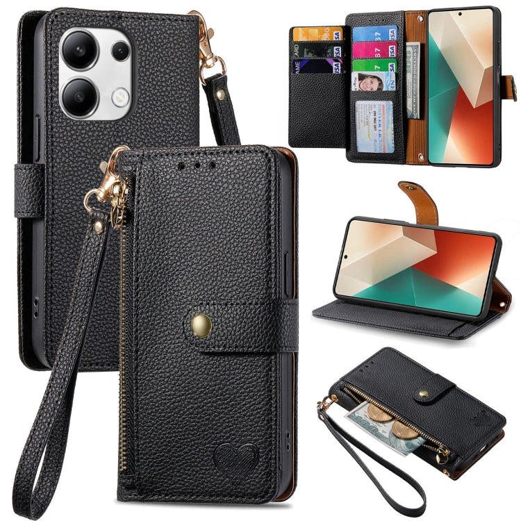 Dark gray leather phone case with wrist lanyard, zipper, and card pocket window, heart emblem