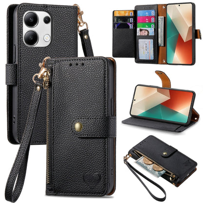 Dark gray leather phone case with wrist lanyard, zipper, and card pocket window, heart emblem