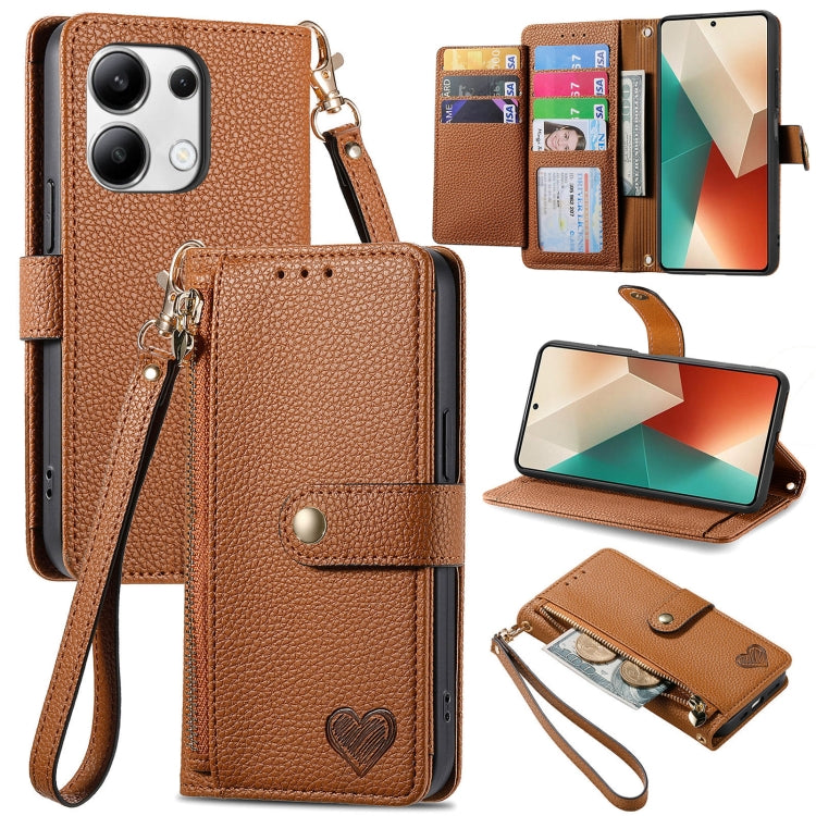 Brown leather phone case with wrist lanyard, card slots, heart strap detail, stand view