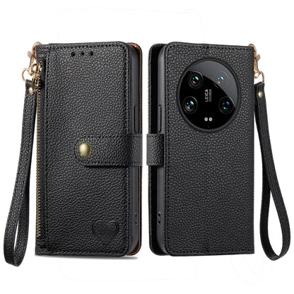 Leather phone case with zipper lanyard, black folio wallet with wrist strap and camera cutout