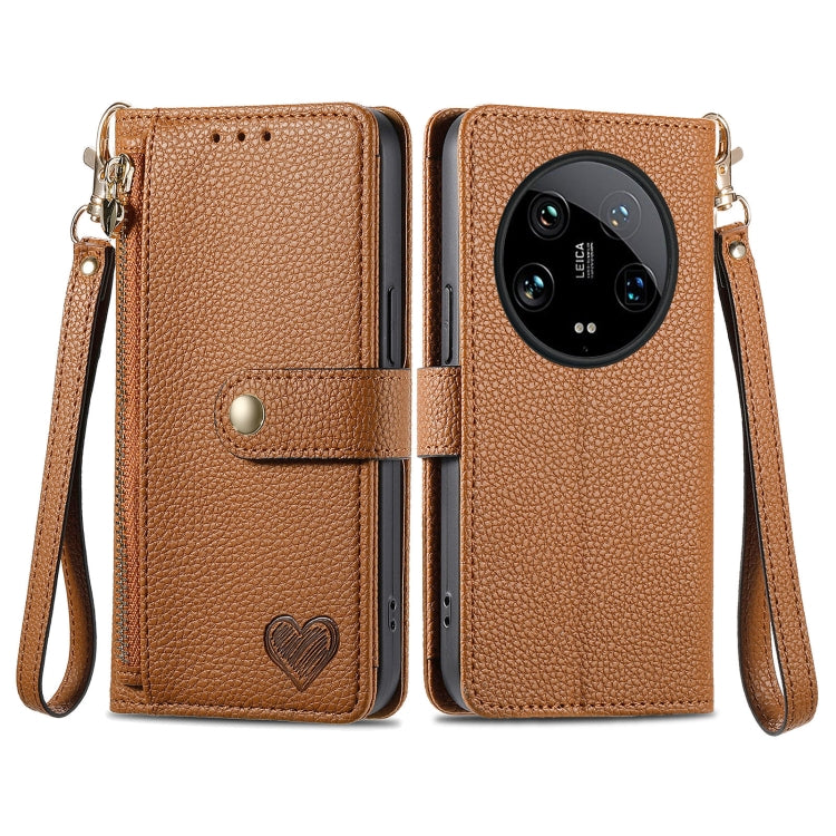 Leather phone case with zipper lanyard, tan brown folio wallet with wrist strap and heart emblem