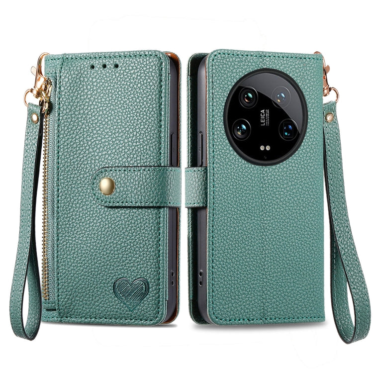 Leather phone case with zipper lanyard, teal green folio wallet with wrist strap and camera cutout