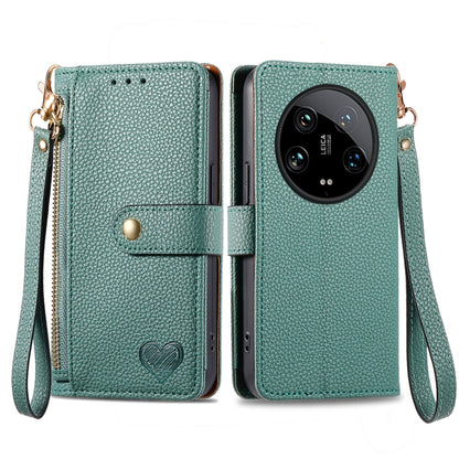 Leather phone case with zipper lanyard, teal green folio wallet with wrist strap and camera cutout