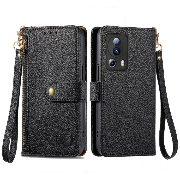 Black leather phone case with zipper and wrist strap, with card slots and flip cover