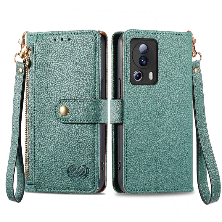Green leather phone case with zipper and wrist strap, with card slots and flip cover
