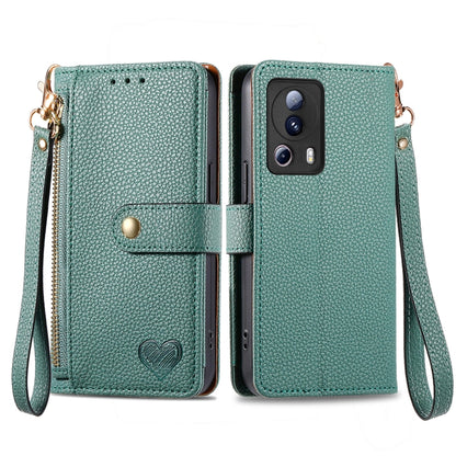 Green leather phone case with zipper and wrist strap, with card slots and flip cover