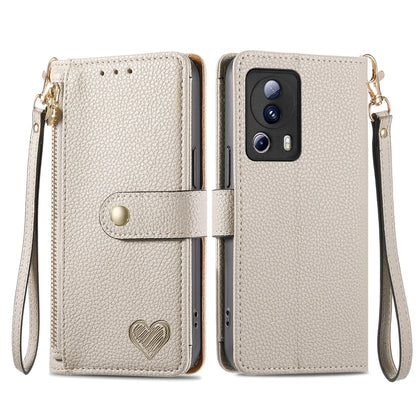Cream leather phone case with zipper and wrist strap, with card slots and flip cover