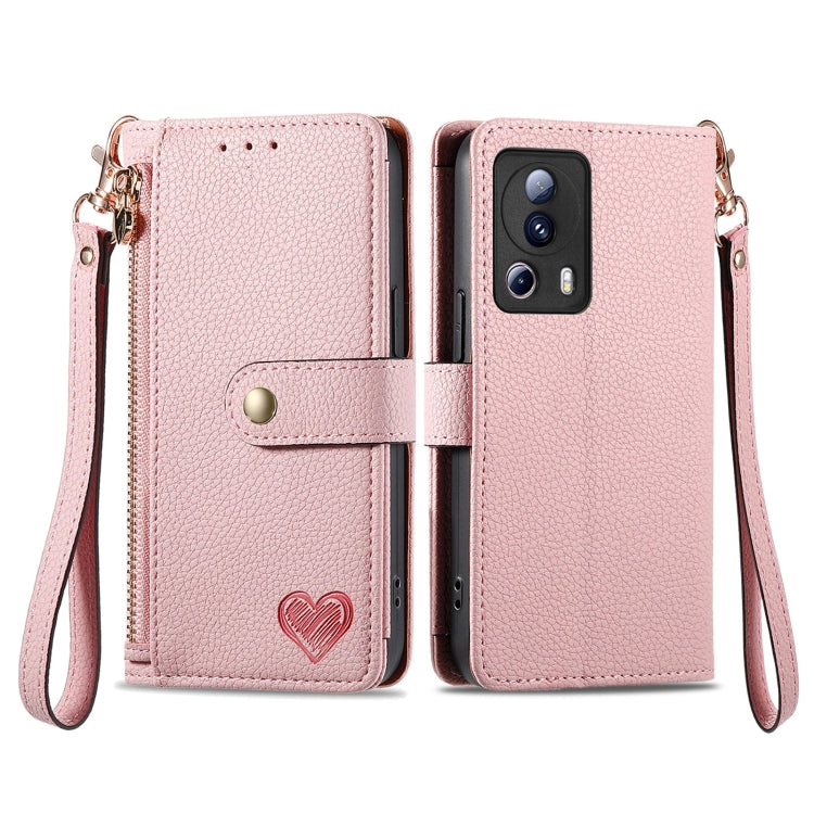 Pink leather phone case with zipper and wrist strap, with card slots and flip cover