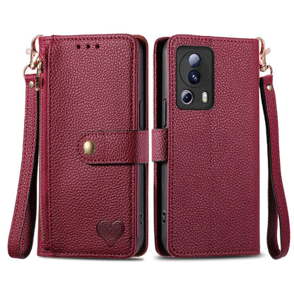 Dark red leather phone case with zipper and wrist strap, with card slots and flip cover