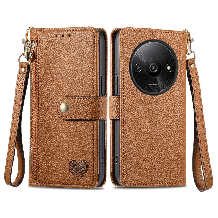 Tan leather phone case with wrist lanyard, zipper, and card pocket window, heart emblem