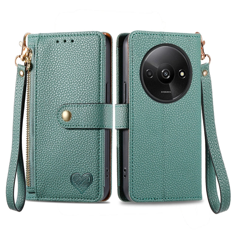Teal leather phone case with wrist lanyard, zipper, and card pocket window, heart emblem