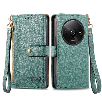 Teal leather phone case with wrist lanyard, zipper, and card pocket window, heart emblem