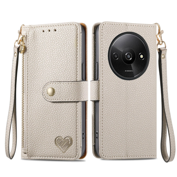 Ivory leather phone case with wrist lanyard, zipper, and card pocket window, heart emblem