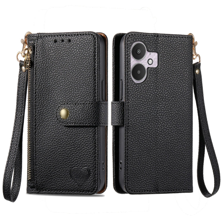 Leather phone case with zipper lanyard, black folio wallet with wrist strap and magnetic flap