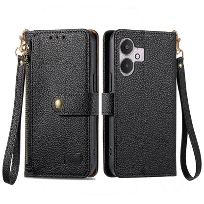 Leather phone case with zipper lanyard, black folio wallet with wrist strap and magnetic flap