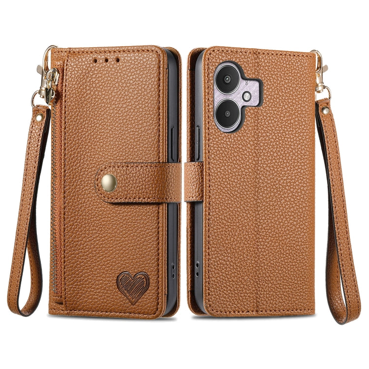 Leather phone case with zipper lanyard, brown folio wallet with wrist strap and heart emblem