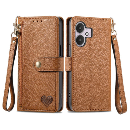 Leather phone case with zipper lanyard, brown folio wallet with wrist strap and heart emblem