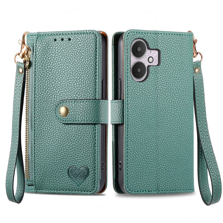 Leather phone case with zipper lanyard, teal green folio wallet with wrist strap and heart emblem