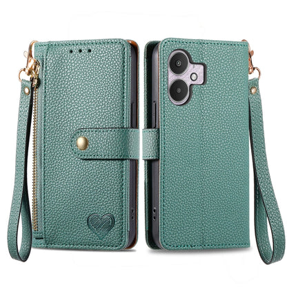 Leather phone case with zipper lanyard, teal green folio wallet with wrist strap and heart emblem