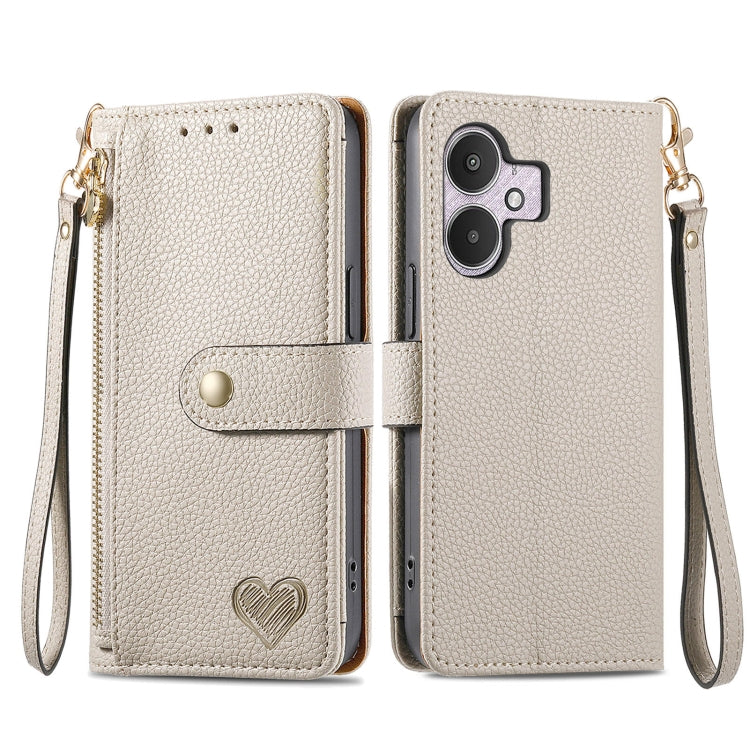 Leather phone case with zipper lanyard, light cream folio wallet with wrist strap and heart emblem