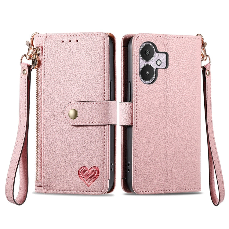 Leather phone case with zipper lanyard, pink folio wallet with wrist strap and heart emblem