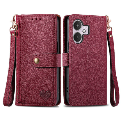 Leather phone case with zipper lanyard, dark red folio wallet with wrist strap and heart emblem