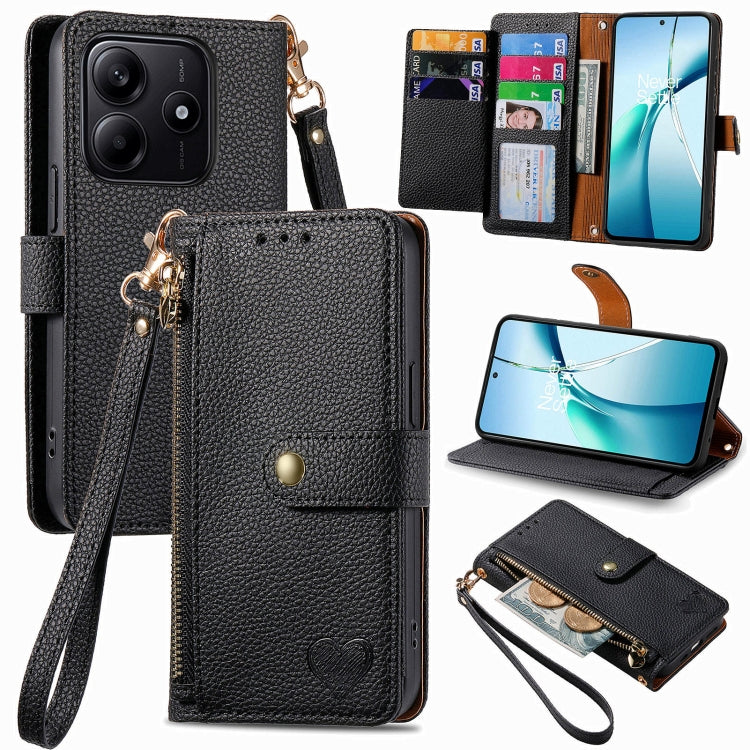 Black leather phone case with zipper and wrist strap; card slots with magnetic flap cover