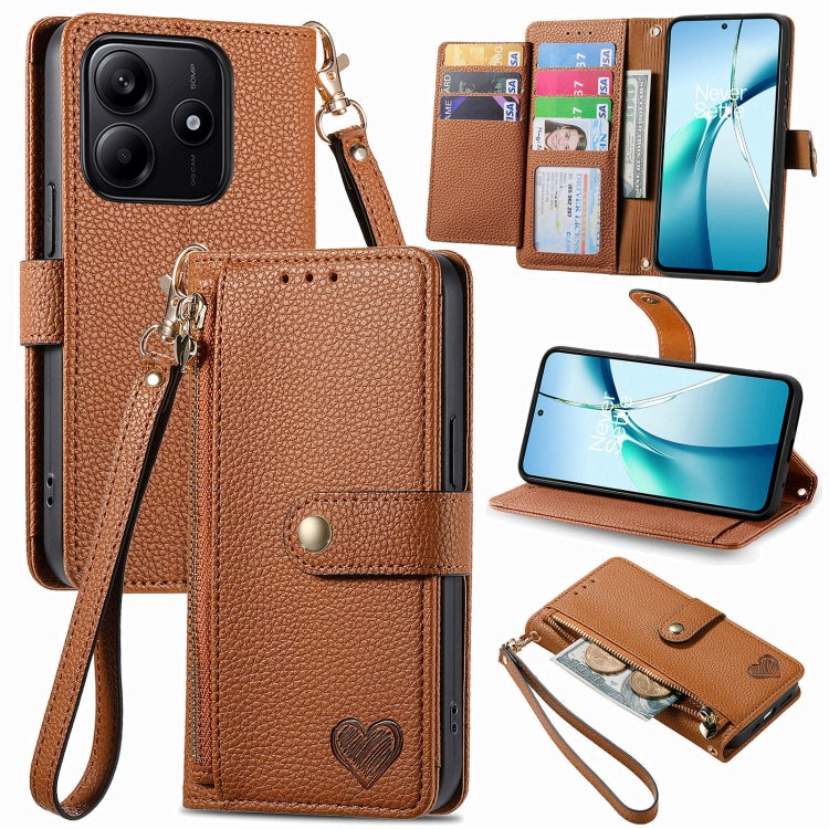Brown leather wallet-style phone case with zipper pouch, wrist strap, and card slots