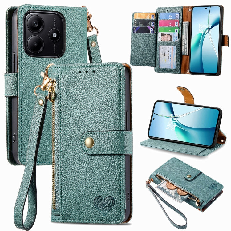 Teal leather wallet-style phone case with zipper pouch, wrist strap, and card slots