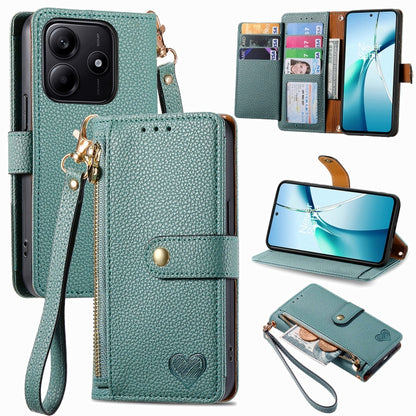 Teal leather wallet-style phone case with zipper pouch, wrist strap, and card slots