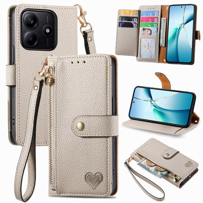 Beige leather wallet-style phone case with zipper pouch, wrist strap, and card slots
