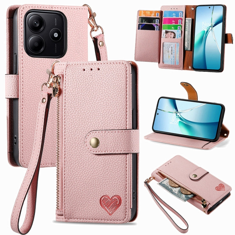 Pink leather wallet-style phone case with zipper pouch, wrist strap, and card slots