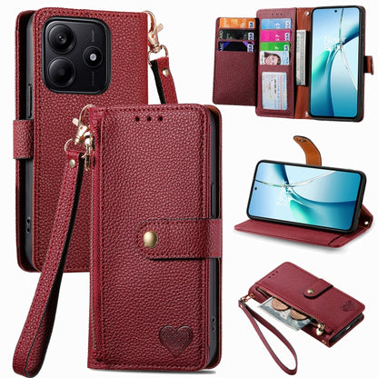 Red leather phone case with wrist strap, zipper pocket, and card slots