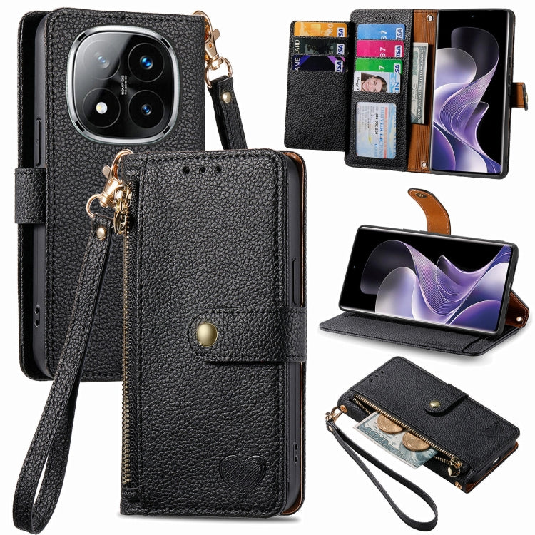 Black leather phone case with wrist strap and zipper pocket, with card slots