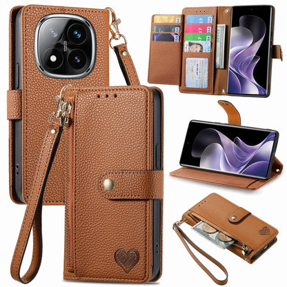 Brown leather phone case with wrist strap and zipper pocket, with card slots