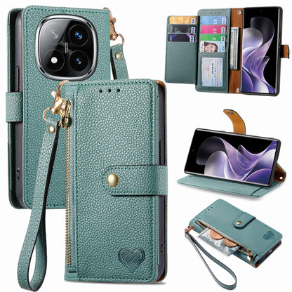 Teal leather phone case with wrist strap and zipper pocket, with card slots