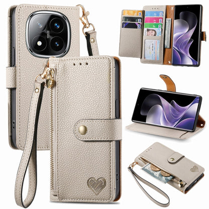 Beige leather phone case with wrist lanyard, zipper, and card pocket window, heart charm