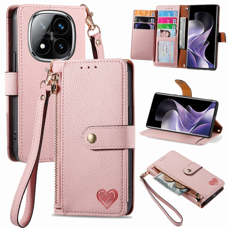 Pink leather phone case with wrist lanyard, zipper, and card pocket window, heart emblem