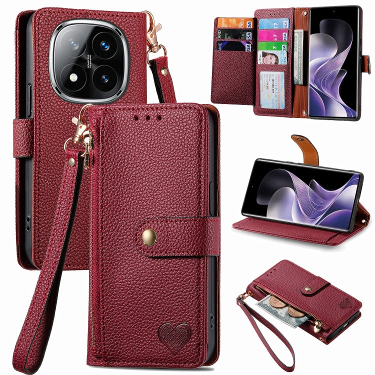 Burgundy leather phone case with wrist lanyard, zipper, and card pocket window, heart detail