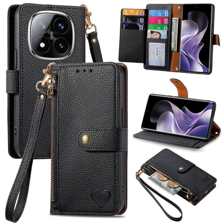 Black leather phone case with wrist strap, zipper pocket, and card slots