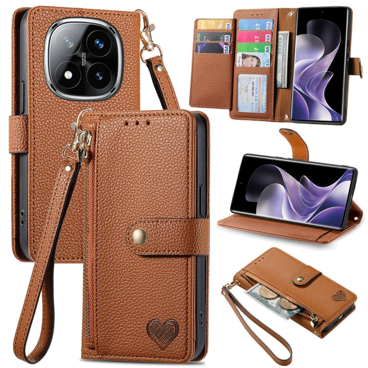 Brown leather phone case with wrist strap, zipper pocket, and card slots