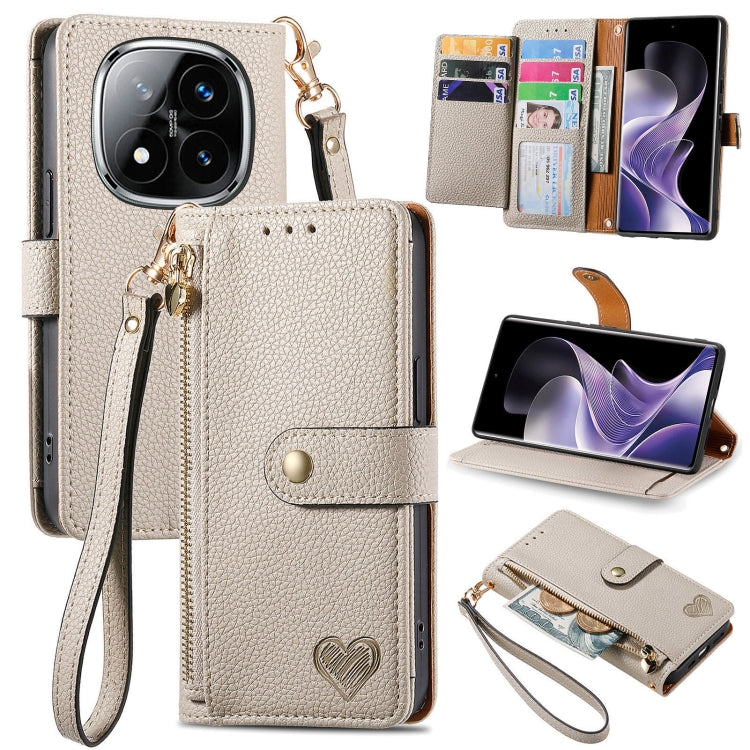 Light gray leather phone case with wrist strap, zipper pocket, and card slots