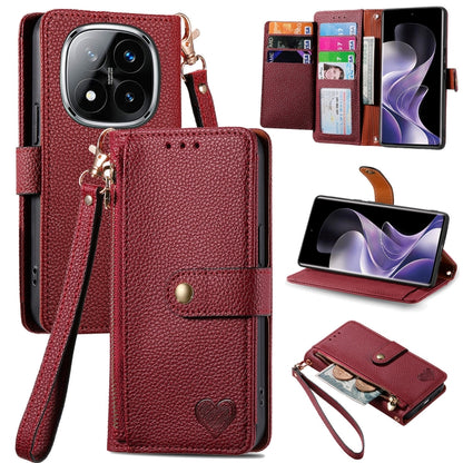 Red leather phone case with wrist strap and zipper pocket, with card slots