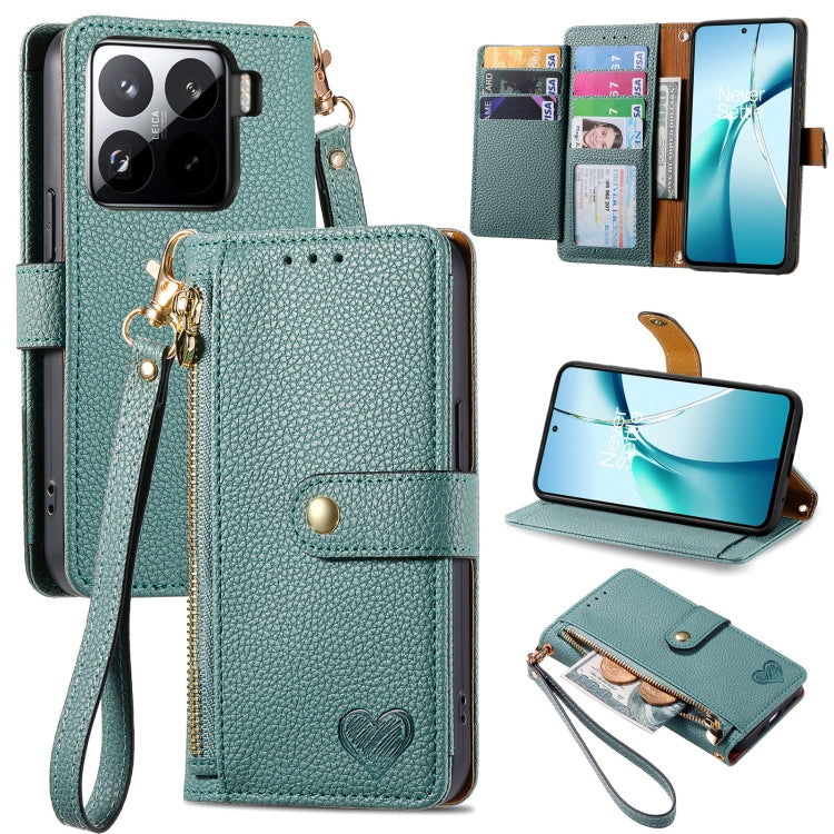 Teal leather phone case with zipper, wrist strap, and card slots; magnetic flap closure