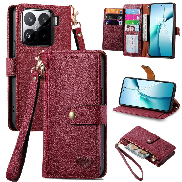 Burgundy leather phone case with zipper and wrist strap; card slots with magnetic flap