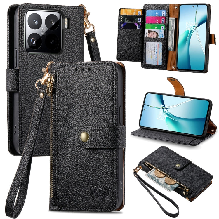 Black leather phone case with wrist strap, front flap, and card slots
