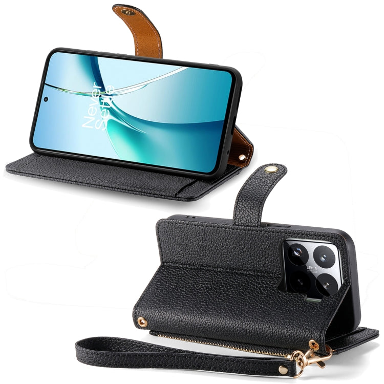 Black leather flip phone case with wrist strap and card slots