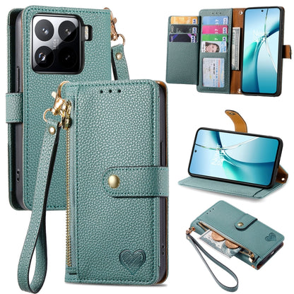 Green leather phone case with wrist strap, card slots, and heart emblem