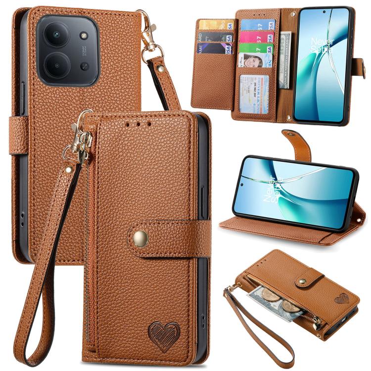 Brown leather phone case with zipper, wrist strap, and card slots for slim phones