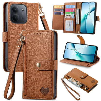 Brown leather phone case with zipper, wrist strap, and card slots for slim phones